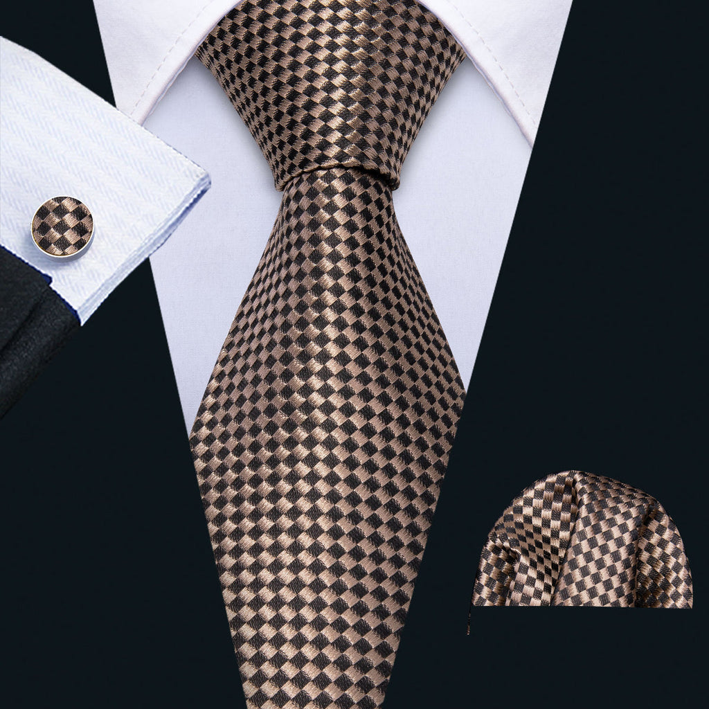 Champagne Brown Plaid Silk Tie Set - GentCrest