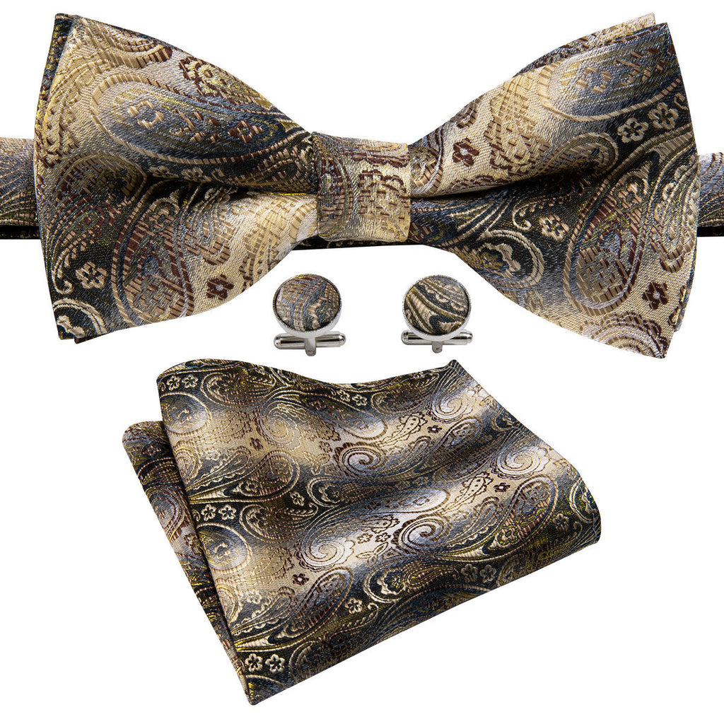 Black Golden Paisley Bow Tie Set - GentCrest