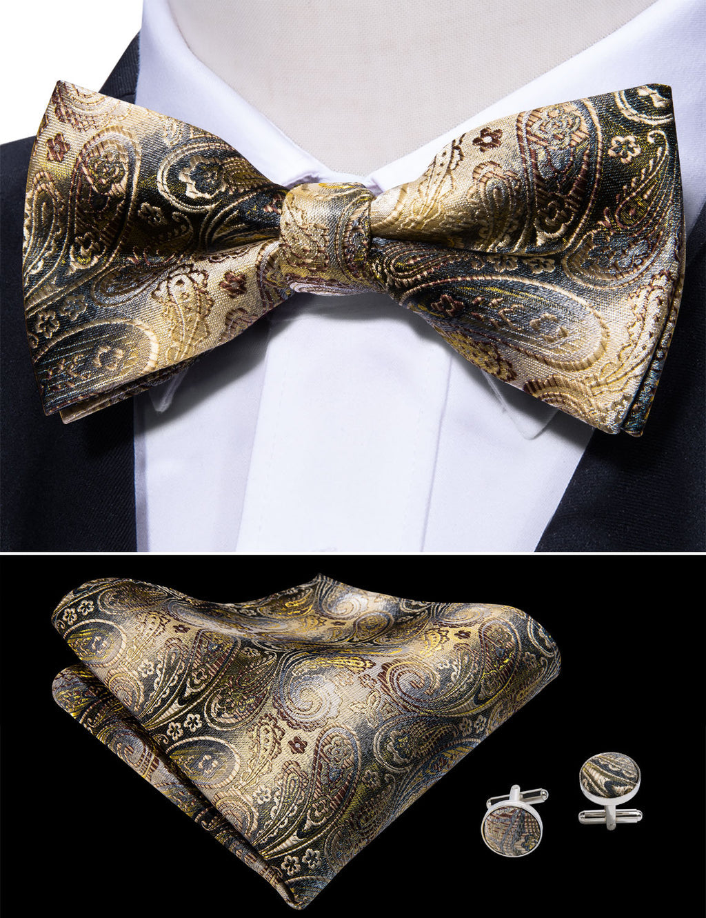 Black Golden Paisley Bow Tie Set - GentCrest - View 2