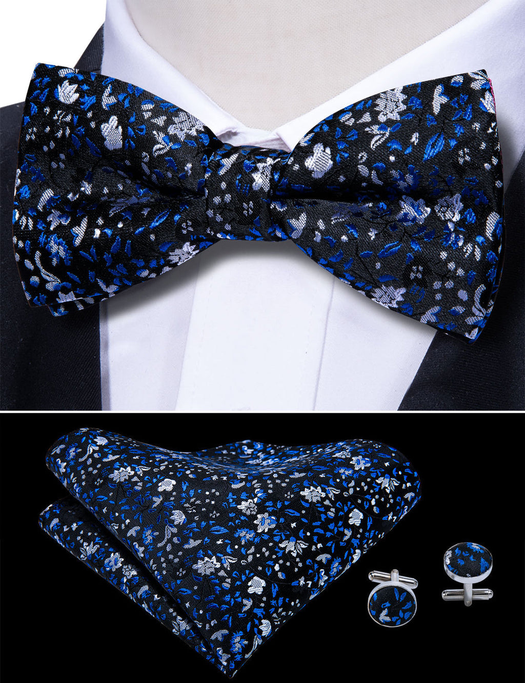 Deep Blue Floral Bow Tie Set - GentCrest