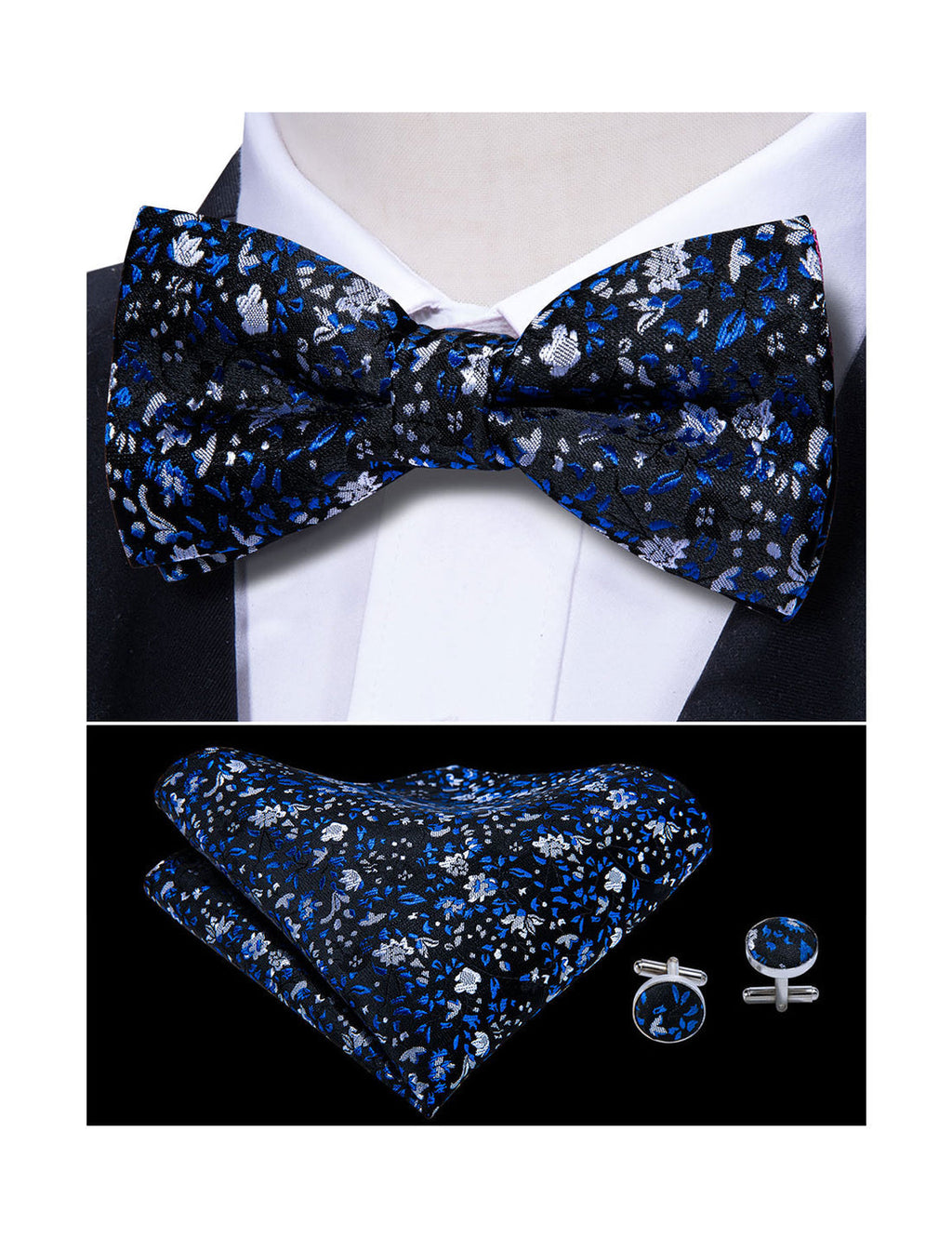 Deep Blue Floral Bow Tie Set - GentCrest - View 2