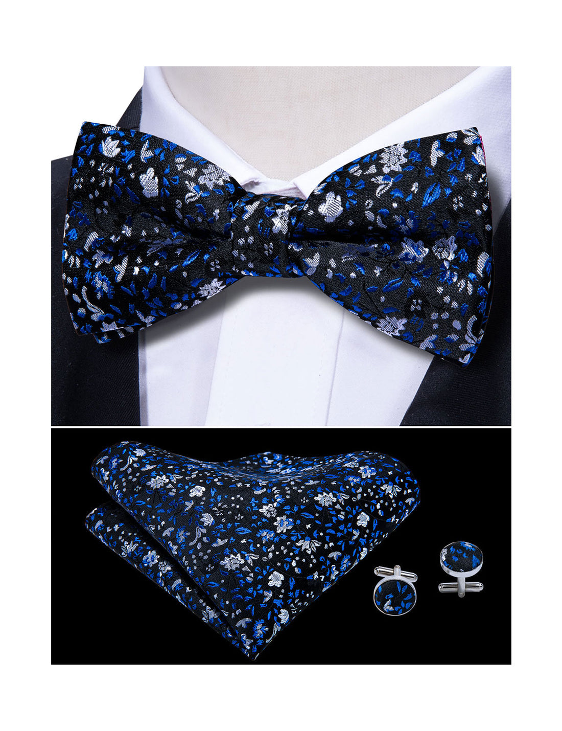 Deep Blue Floral Bow Tie Set - GentCrest - View 2