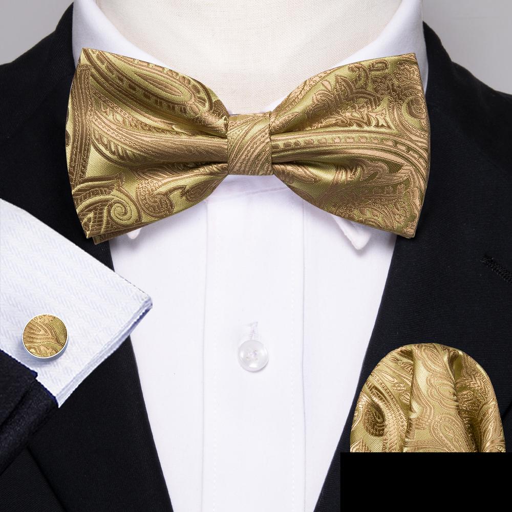 Gold Jacquard Woven Paisley Bow Tie Set - GentCrest