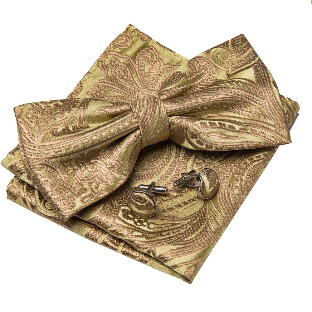 Gold Jacquard Woven Paisley Bow Tie Set - GentCrest - View 2