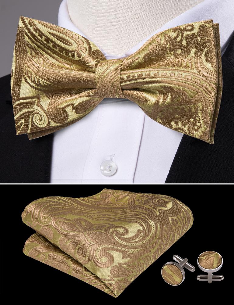 Gold Jacquard Woven Paisley Bow Tie Set - GentCrest - View 3