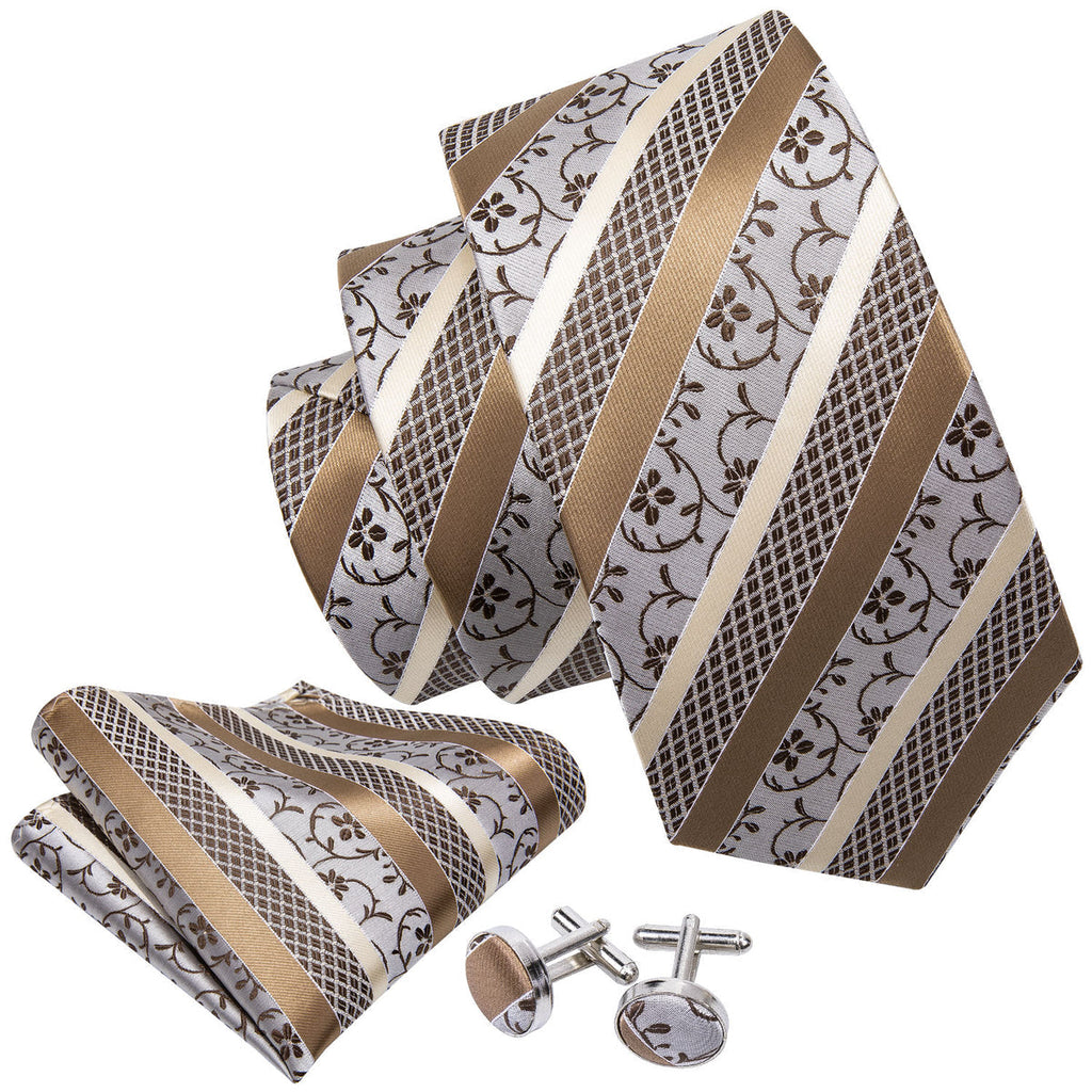 Champagne White Striped Floral Silk Tie Set - GentCrest - View 3