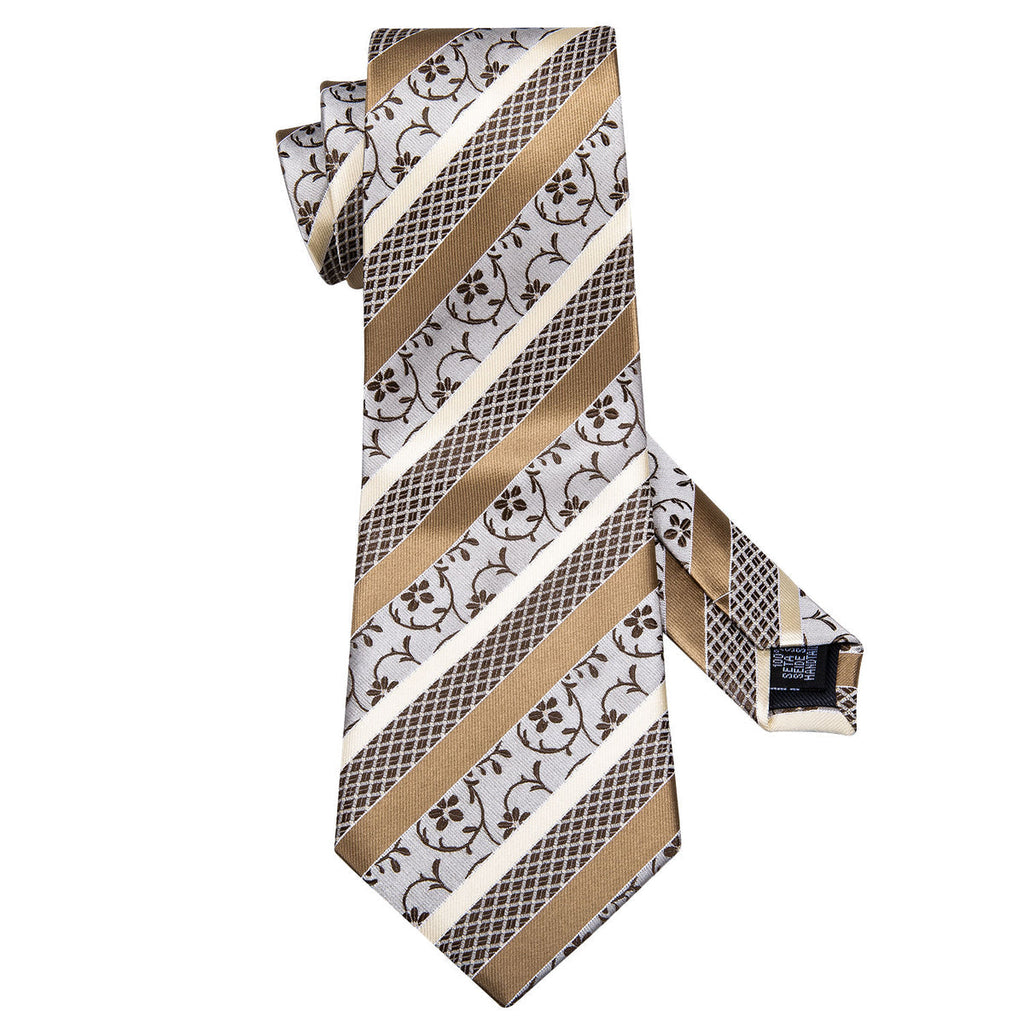 Champagne White Striped Floral Silk Tie Set - GentCrest - View 4