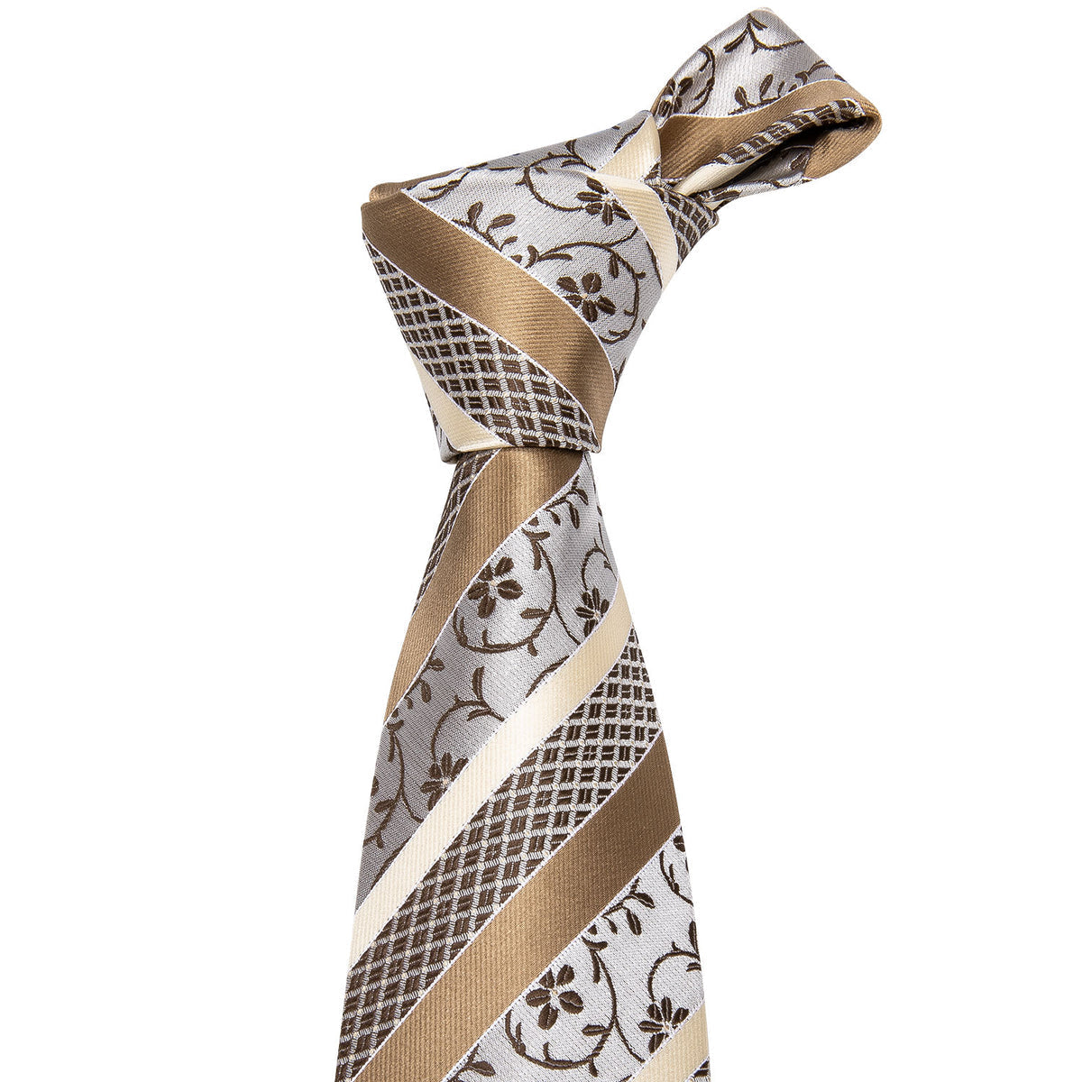 Champagne White Striped Floral Silk Tie Set - GentCrest - View 2
