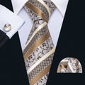 Champagne White Striped Floral Silk Tie Set - GentCrest