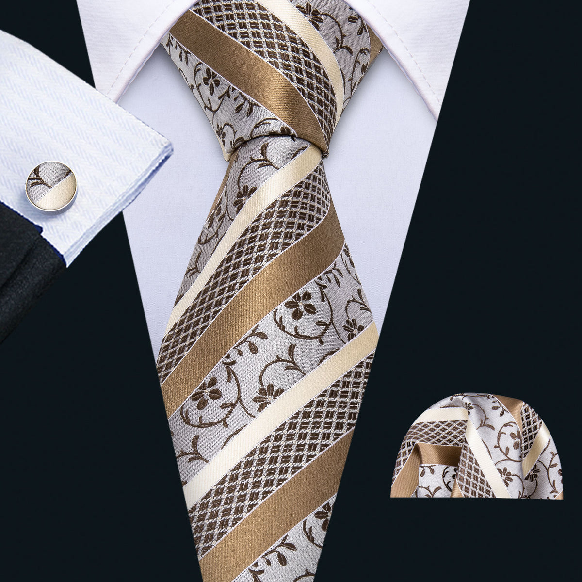 Champagne White Striped Floral Silk Tie Set - GentCrest
