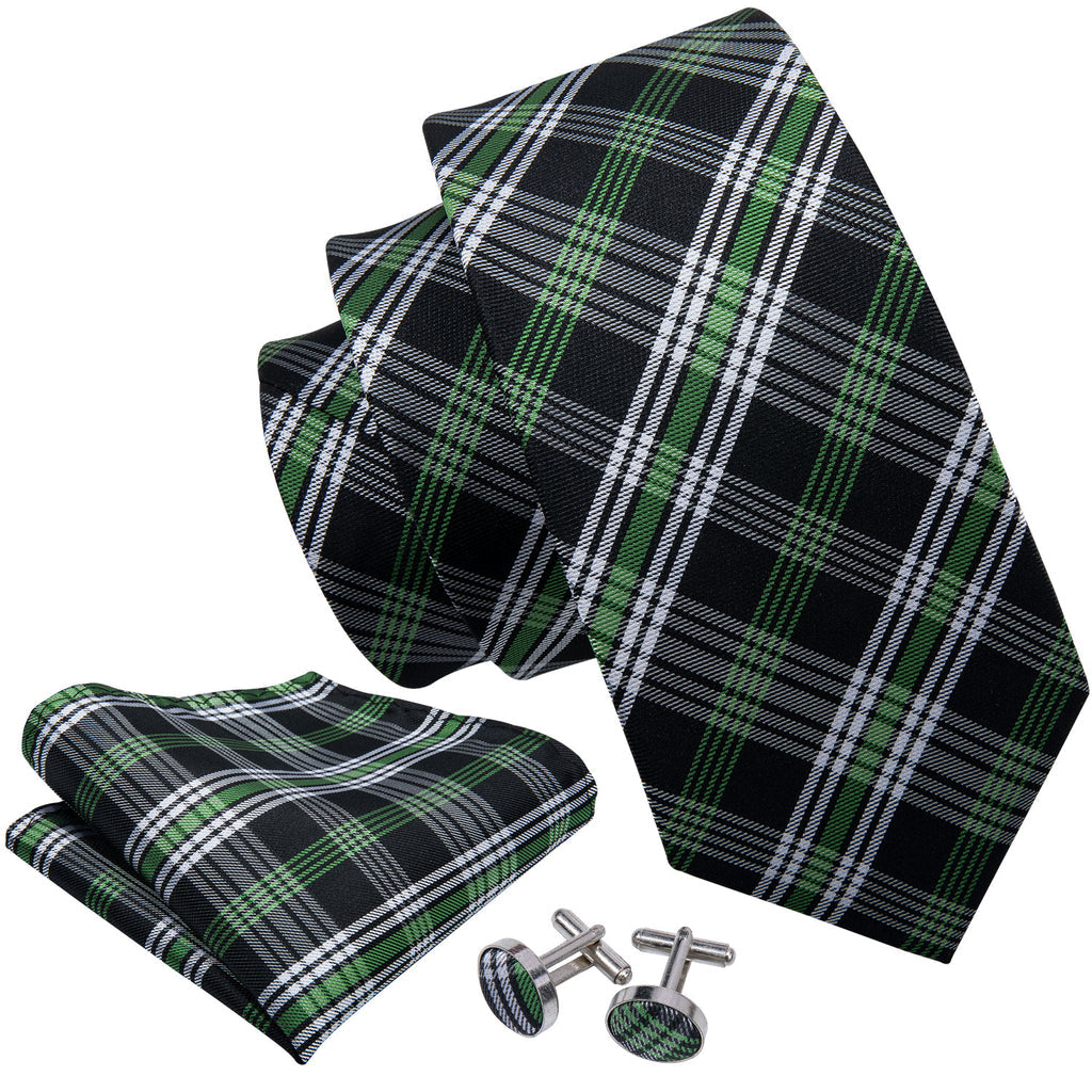 Black Green White Classic Plaid Silk Tie Set - GentCrest - View 4