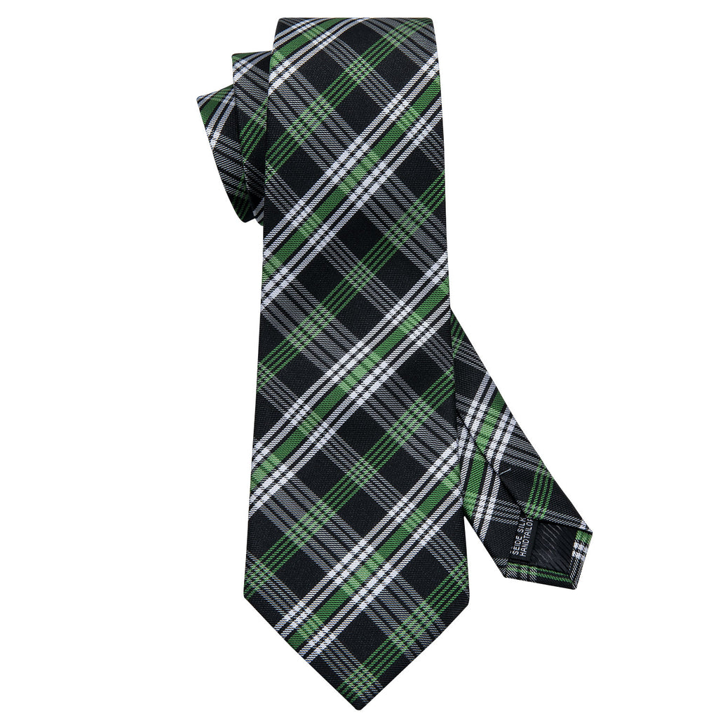 Black Green White Classic Plaid Silk Tie Set - GentCrest - View 5