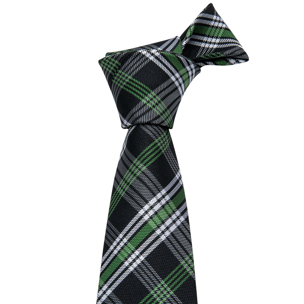 Black Green White Classic Plaid Silk Tie Set - GentCrest - View 3