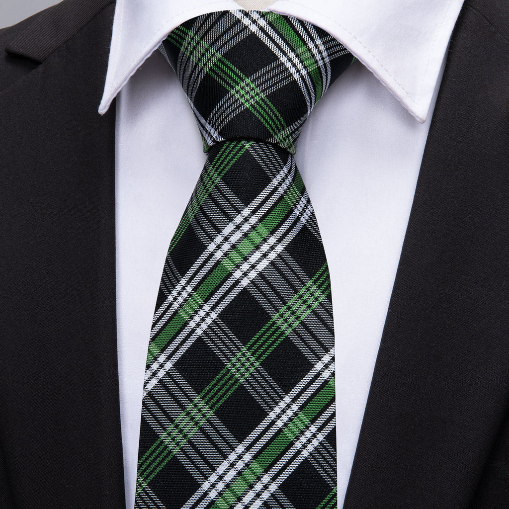 Black Green White Classic Plaid Silk Tie Set - GentCrest - View 2