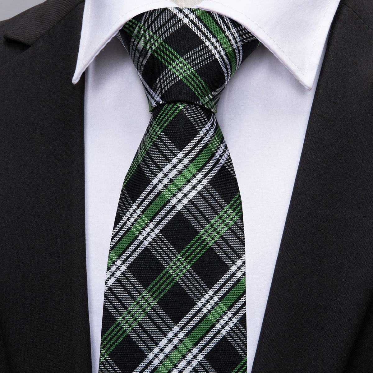 Black Green White Classic Plaid Silk Tie Set - GentCrest - View 2