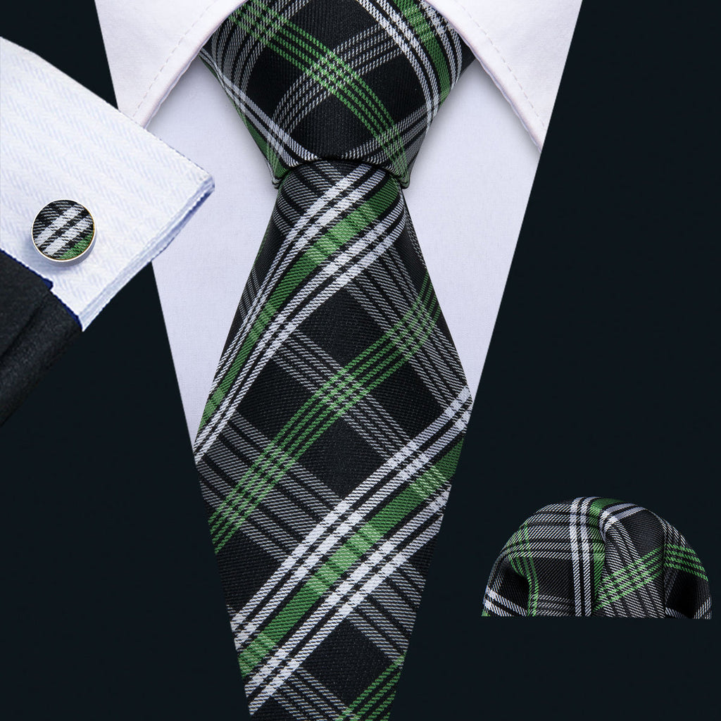Black Green White Classic Plaid Silk Tie Set - GentCrest
