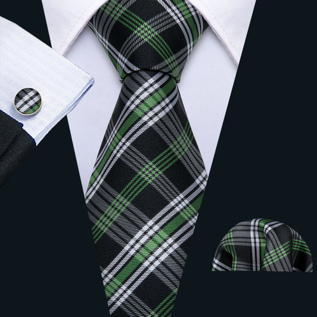 Black Green White Classic Plaid Silk Tie Set - GentCrest