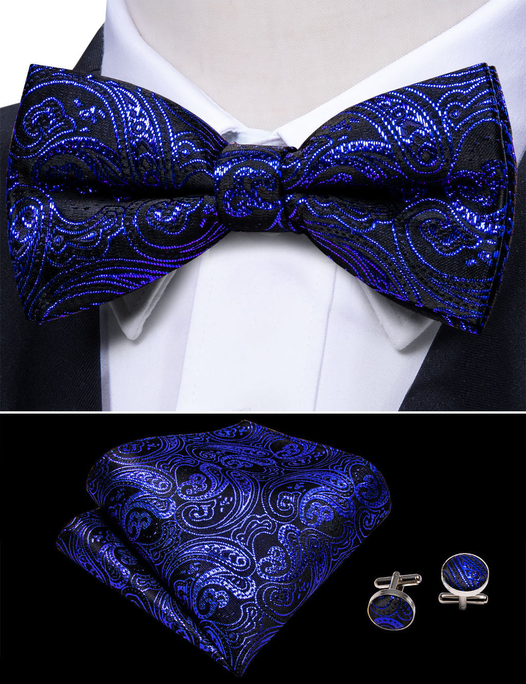 RoyalBlue Paisley Bow Tie Set - GentCrest - View 3