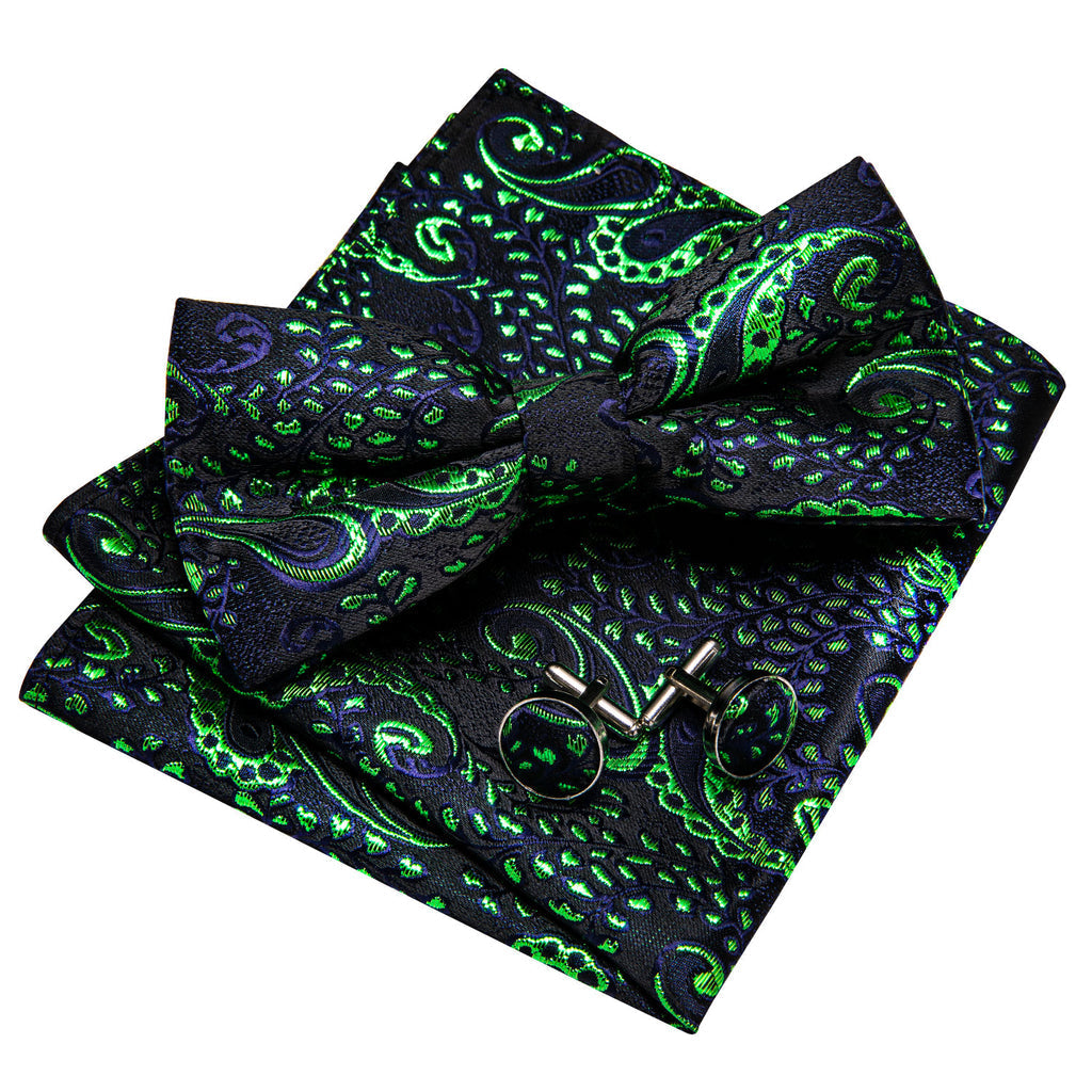 Shining Green Blue Paisley Bow Tie Set - GentCrest - View 3