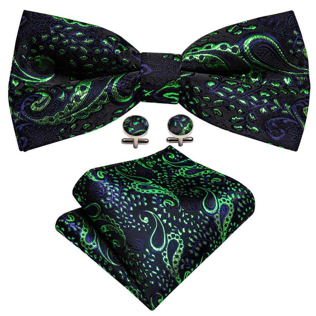 Shining Green Blue Paisley Bow Tie Set - GentCrest
