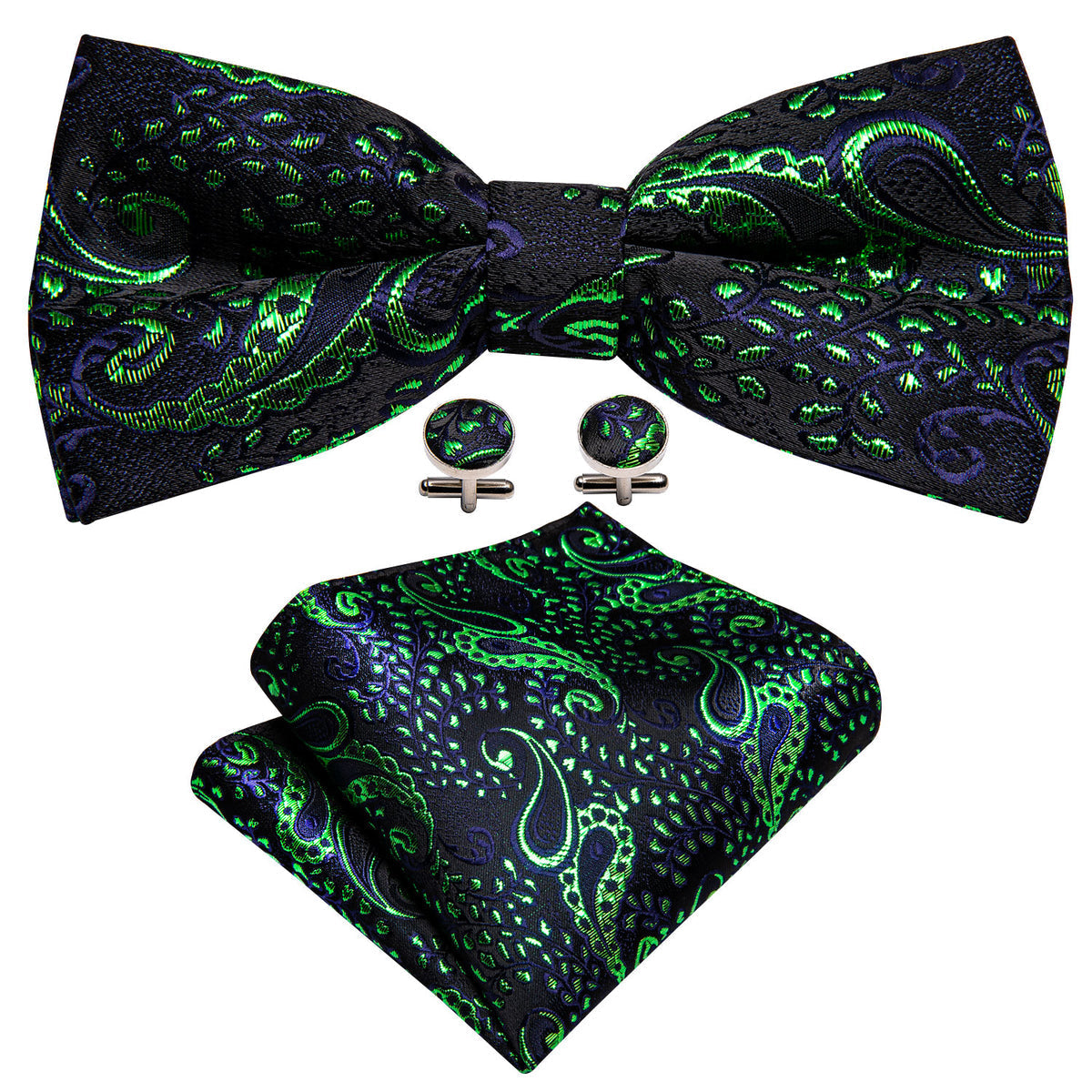Shining Green Blue Paisley Bow Tie Set - GentCrest