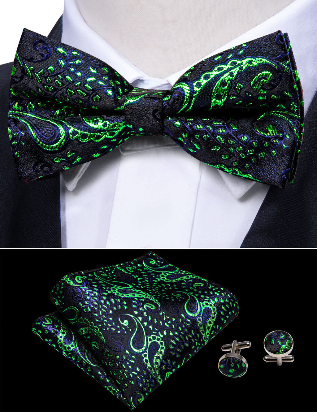 Shining Green Blue Paisley Bow Tie Set - GentCrest - View 2