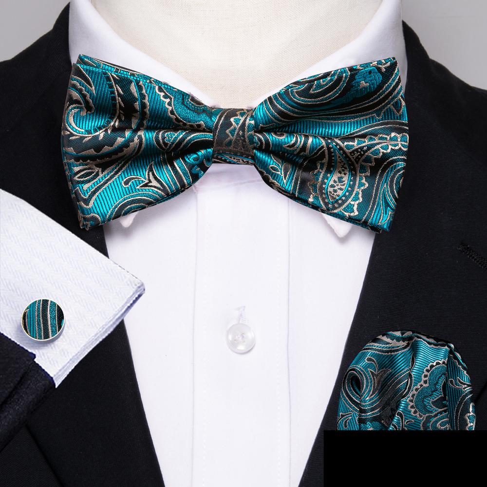 Blue Green Paisley Bow Tie Set - GentCrest - View 3