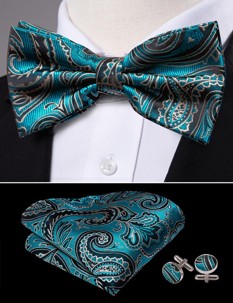 Blue Green Paisley Bow Tie Set - GentCrest - View 4
