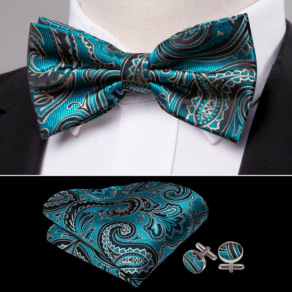 Blue Green Paisley Bow Tie Set - GentCrest
