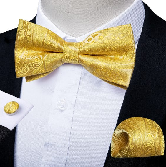 Gold & Golden Paisley Silk Bow Tie Set with Pocket Square & Cufflinks - GentCrest