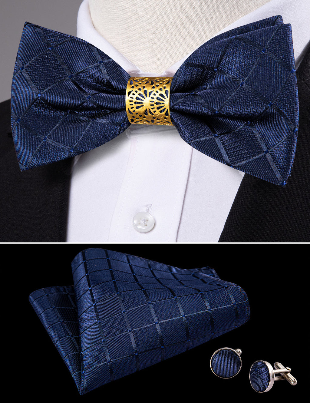 Deep Blue Plaid Bow Tie Set - GentCrest - View 2