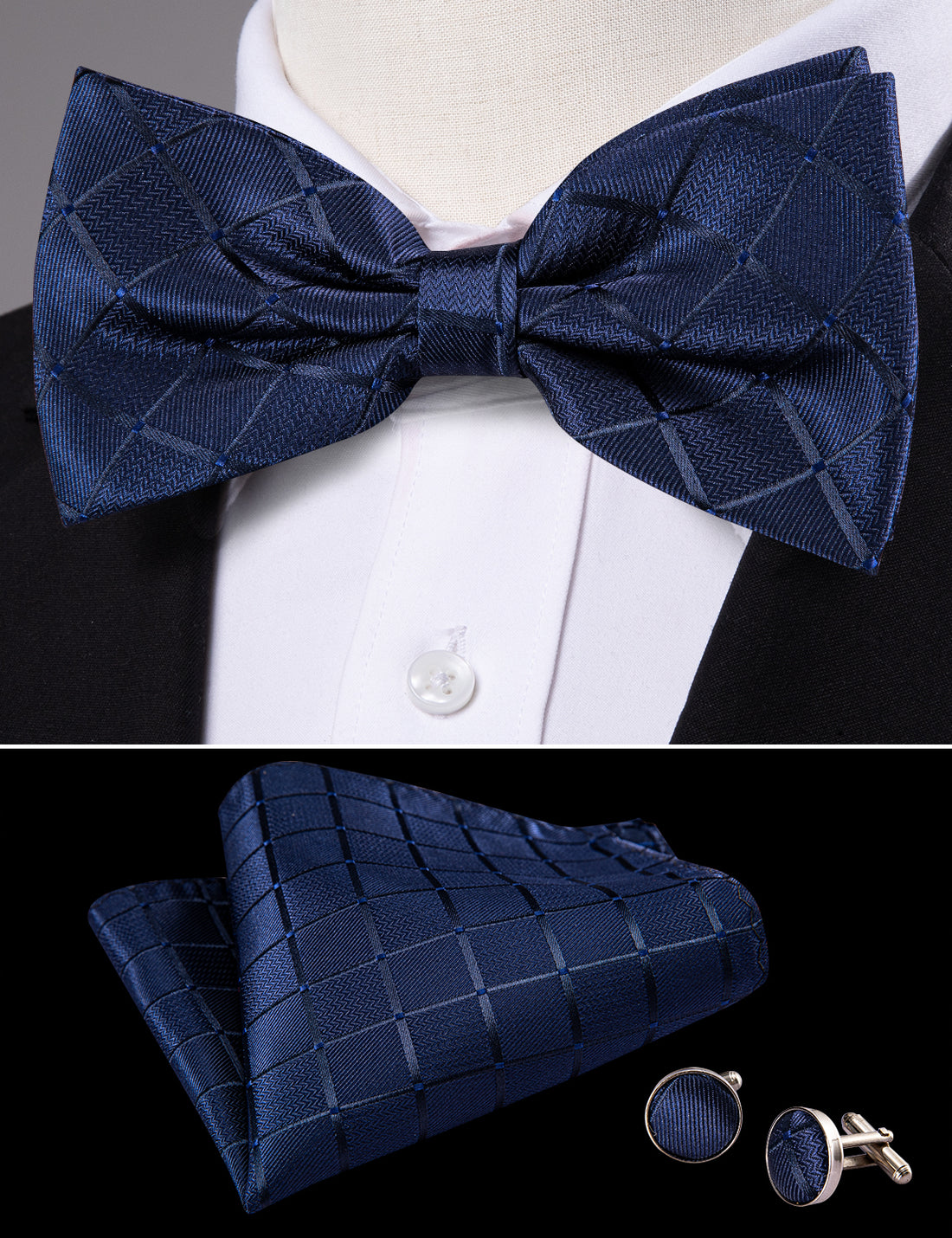 Deep Blue Plaid Bow Tie Set - GentCrest - View 4