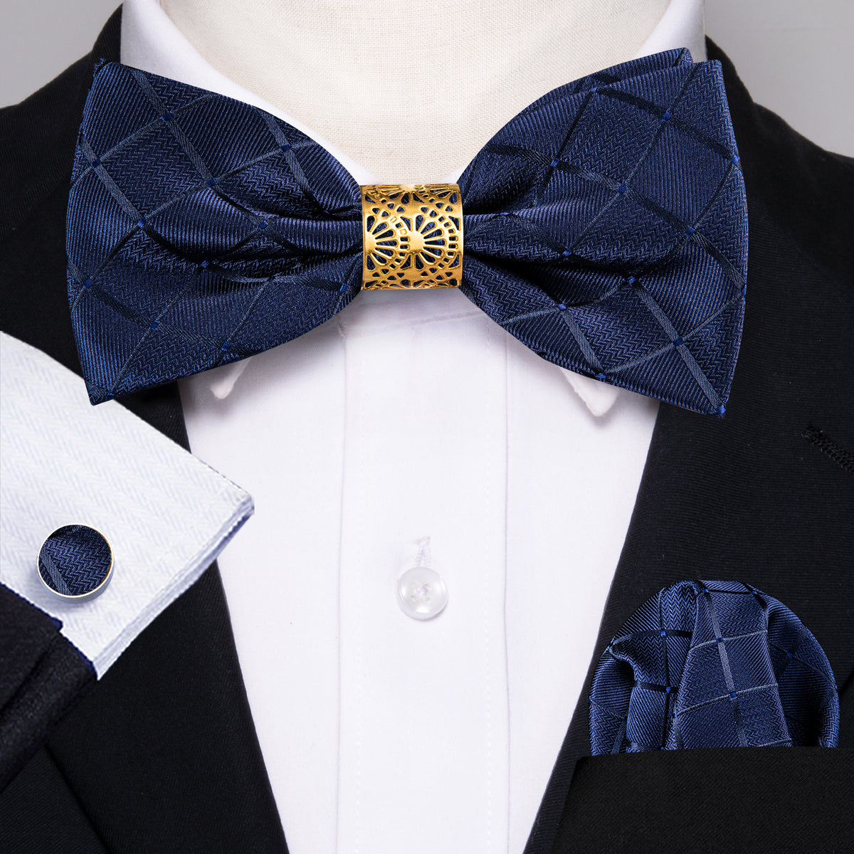 Deep Blue Plaid Bow Tie Set - GentCrest