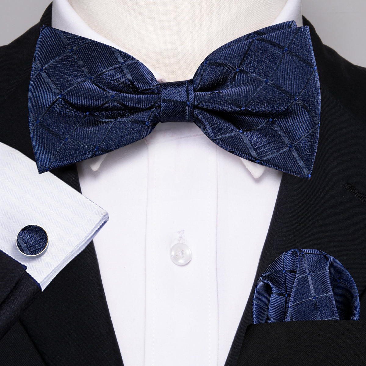 Deep Blue Plaid Bow Tie Set - GentCrest - View 3