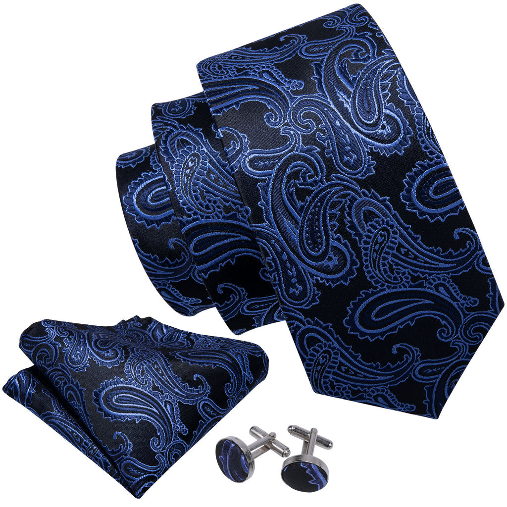 Dark Blue Black Paisley Silk Tie Set - GentCrest - View 4