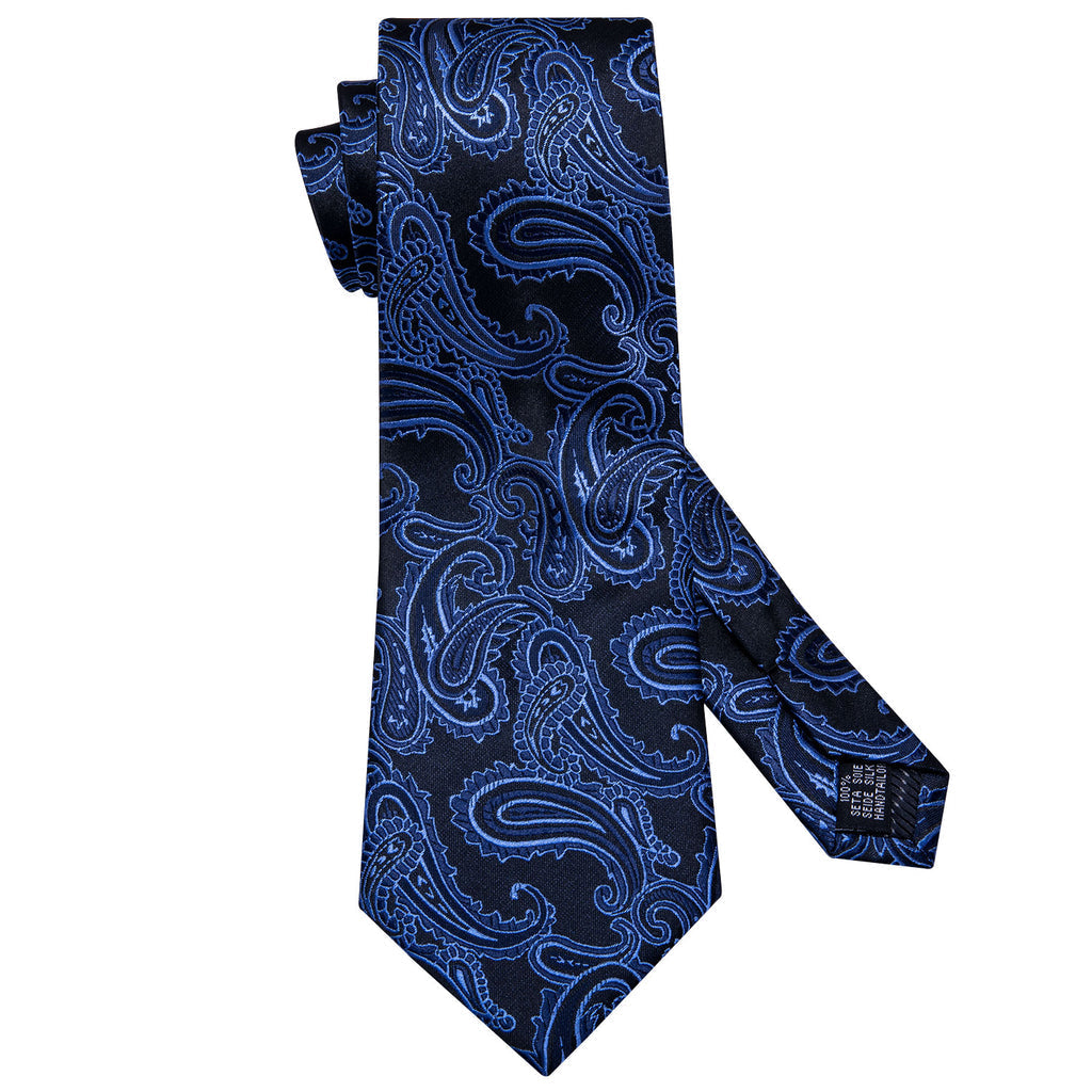 Dark Blue Black Paisley Silk Tie Set - GentCrest - View 5