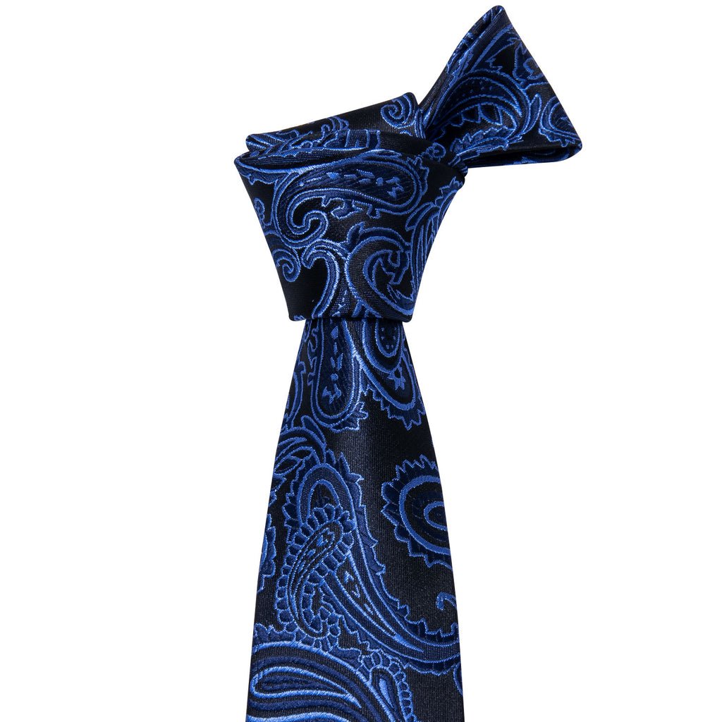 Dark Blue Black Paisley Silk Tie Set - GentCrest - View 3