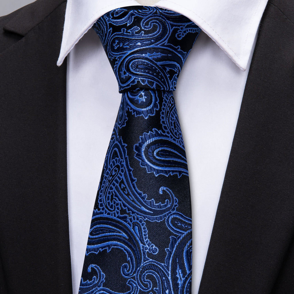 Dark Blue Black Paisley Silk Tie Set - GentCrest - View 2