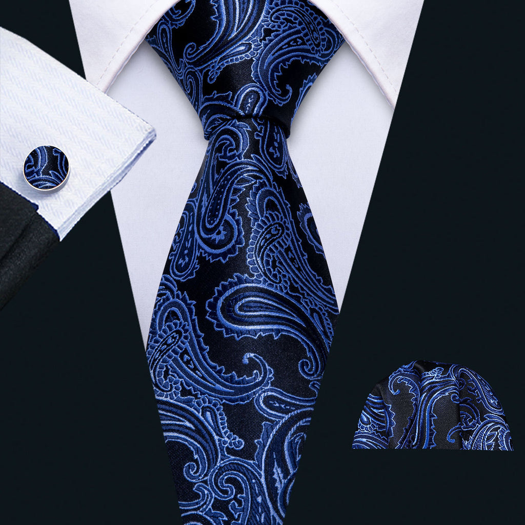 Dark Blue Black Paisley Silk Tie Set - GentCrest