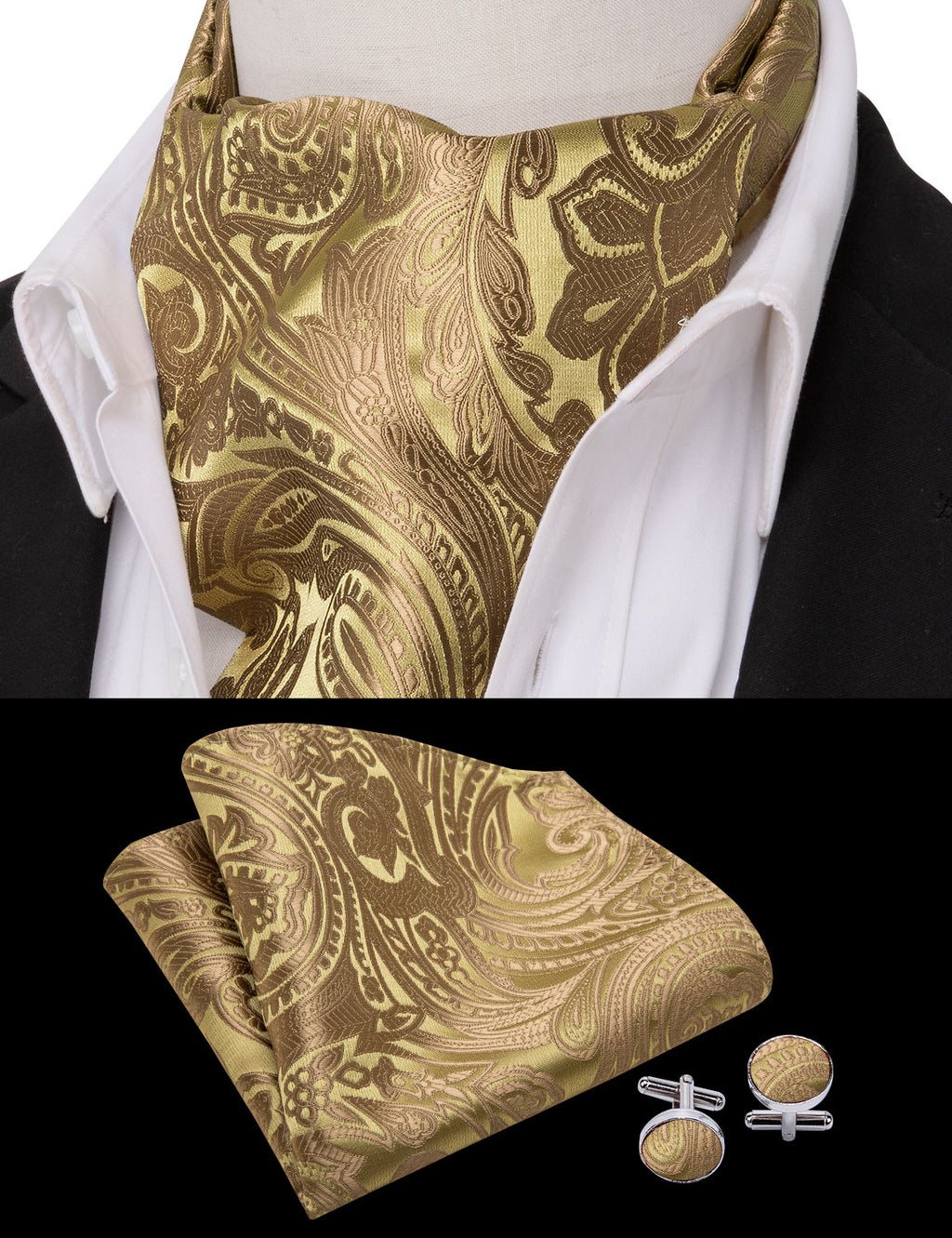Gold Brown Paisley Floral Ascot Set - GentCrest - View 5