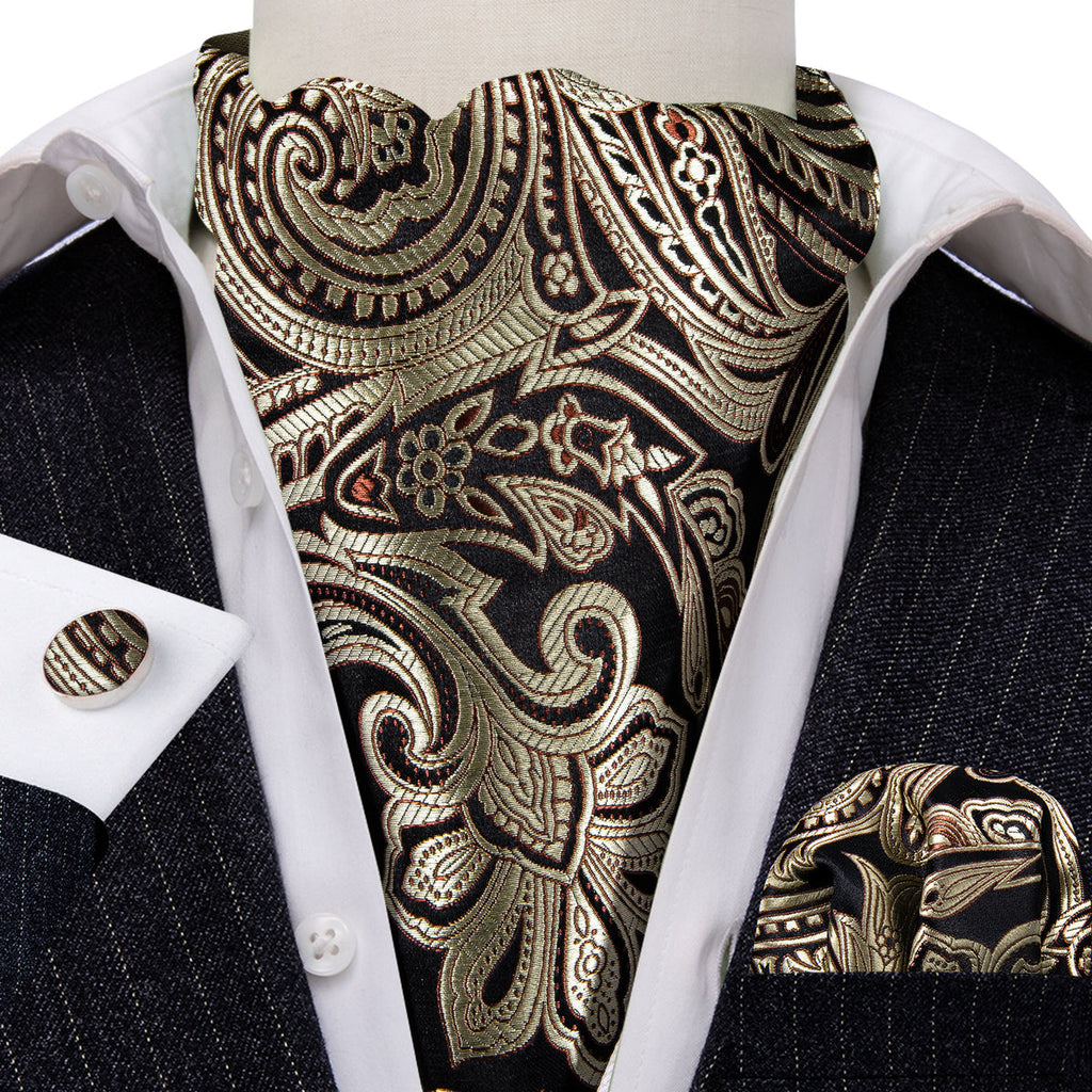 Gold Black Silk Paisley Ascot Set - GentCrest