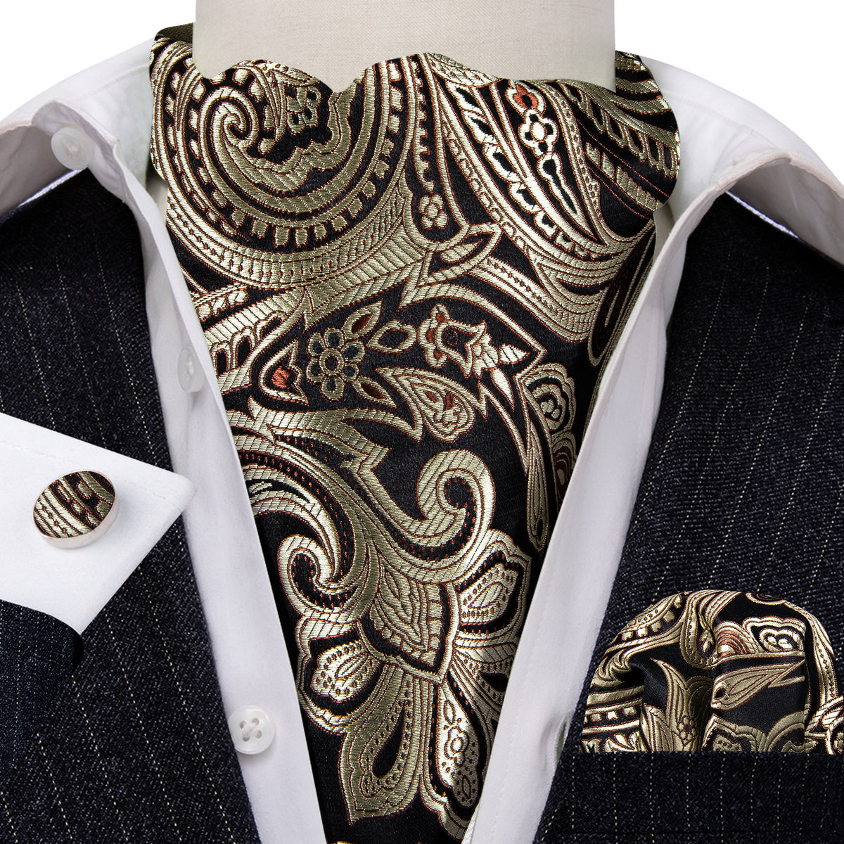 Gold Black Silk Paisley Ascot Set - GentCrest