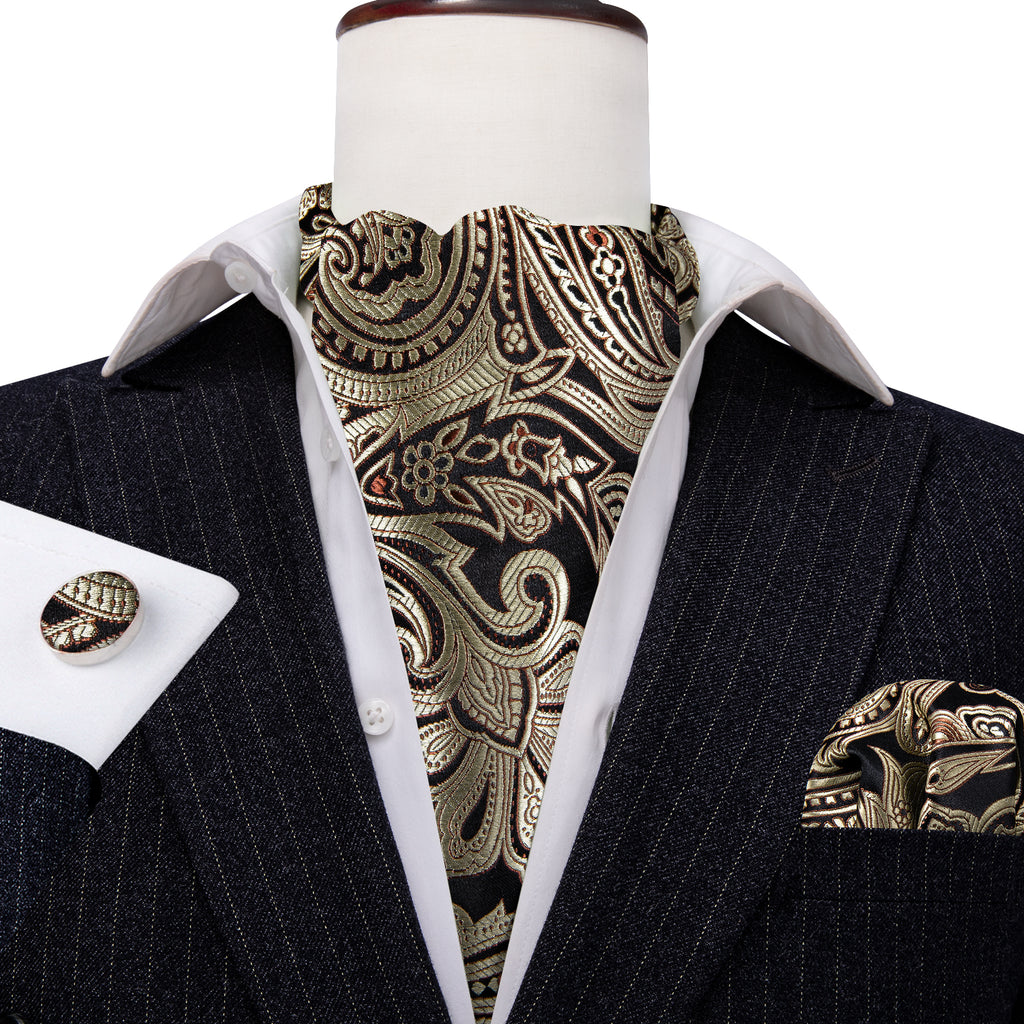 Gold Black Silk Paisley Ascot Set - GentCrest - View 4