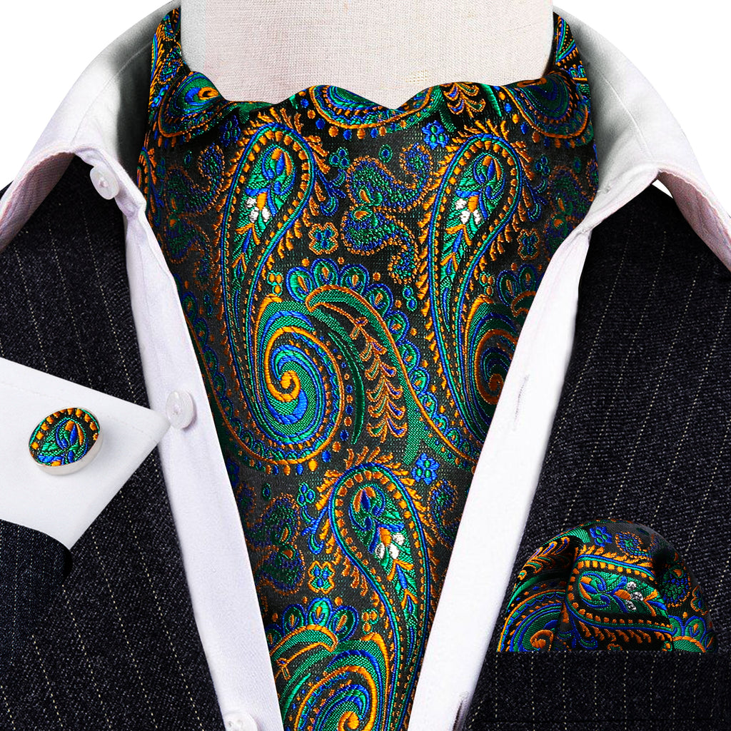 Green Teal Orange Paisley Ascot Set - GentCrest - View 2