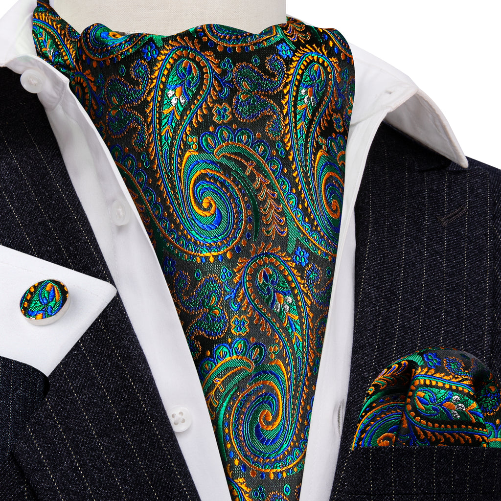Green Teal Orange Paisley Ascot Set - GentCrest - View 3