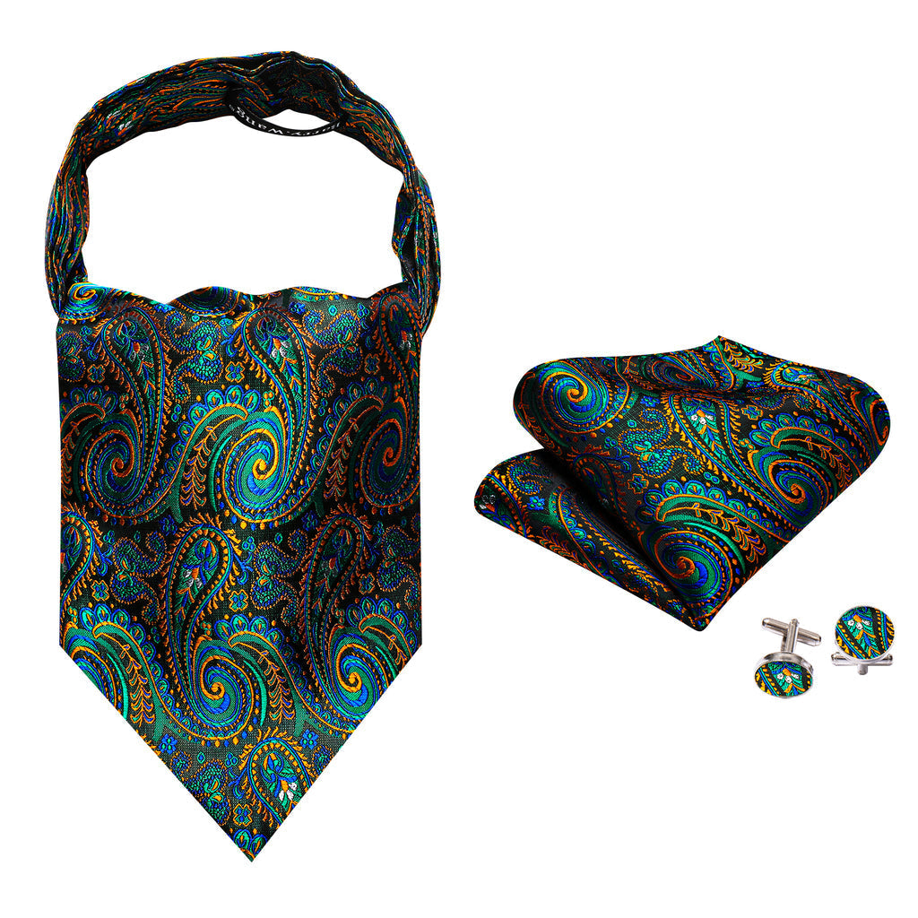 Green Teal Orange Paisley Ascot Set - GentCrest - View 6