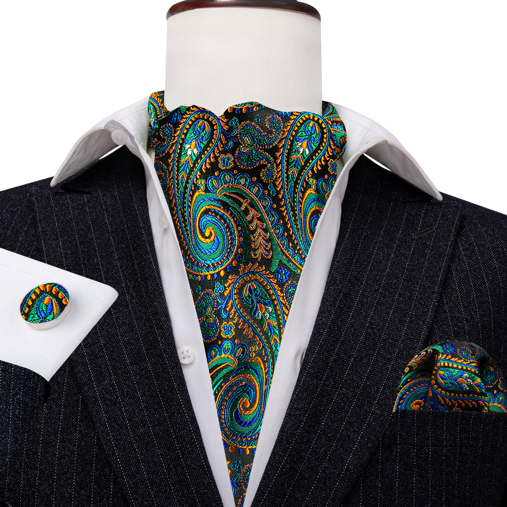 Green Teal Orange Paisley Ascot Set - GentCrest - View 4