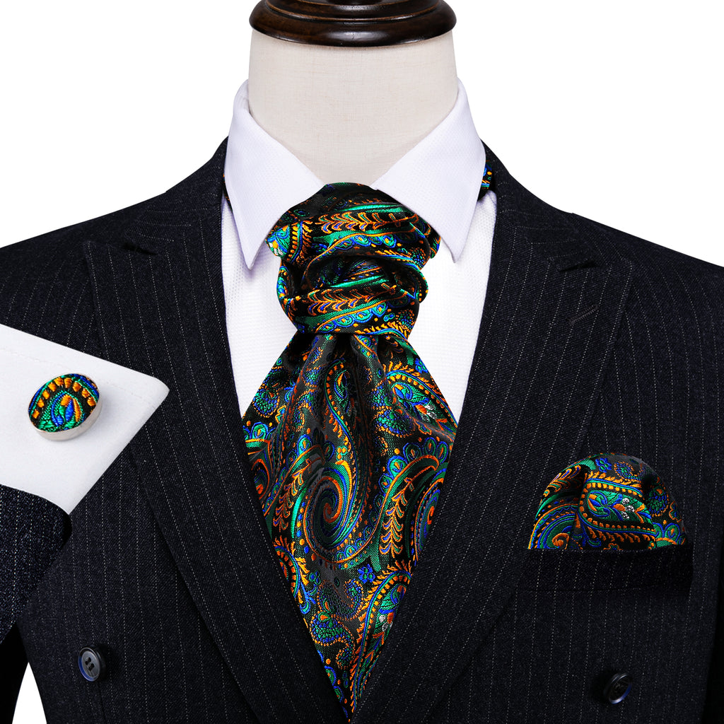 Green Teal Orange Paisley Ascot Set - GentCrest - View 5