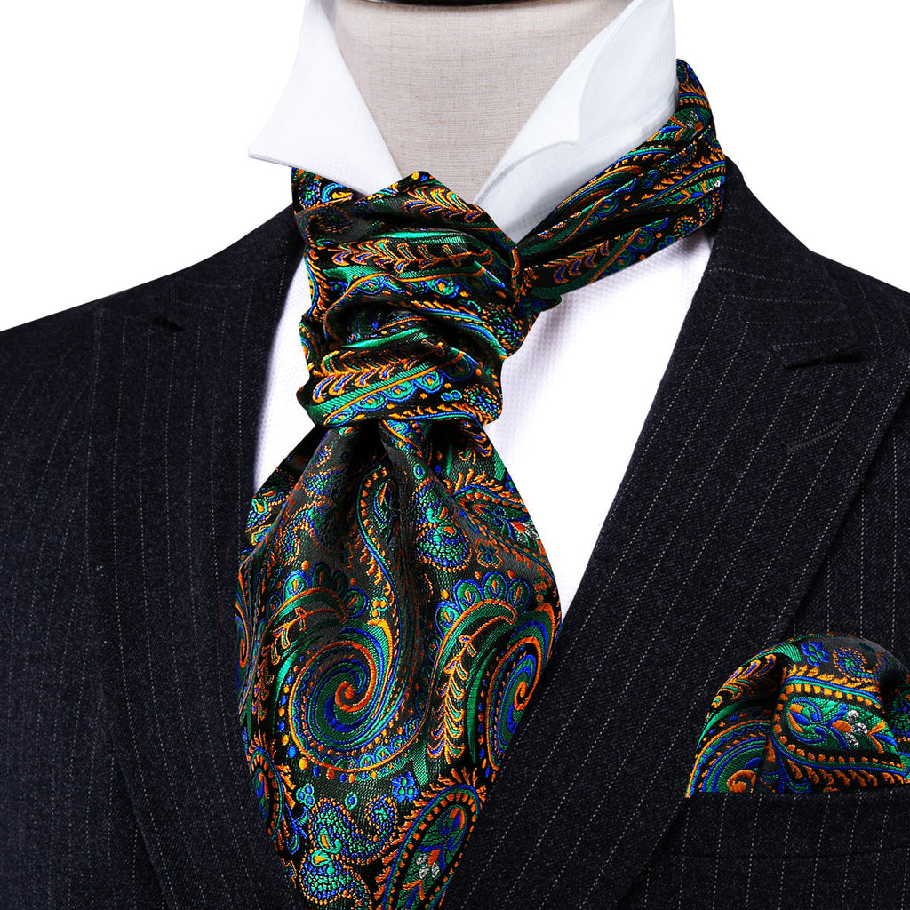 Green Teal Orange Paisley Ascot Set - GentCrest