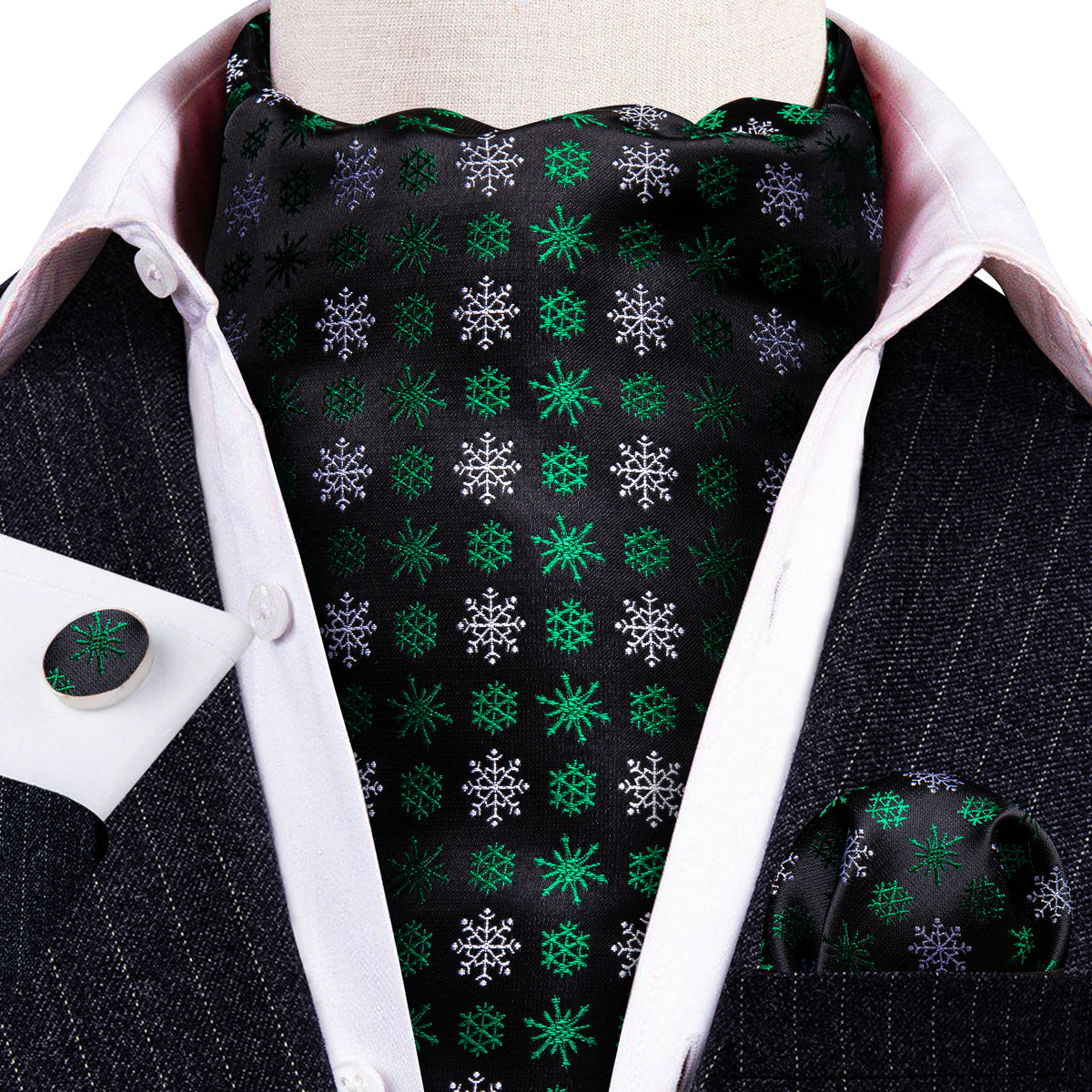 Black Green Christmas Snowflake Ascot Set - GentCrest